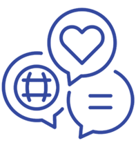 Advocacy icon - three speech bubbles with a hashtag, heart and equals sign