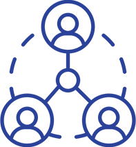 Collaboration icon - 3 circles with icons for people and a circle meeting in the middle
