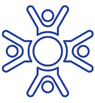 Prominence icon - circle in the middle with four people icons arms up in air